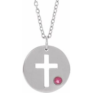 Sterling Silver Imitation Tourmaline Pierced Cross Disc 16-18