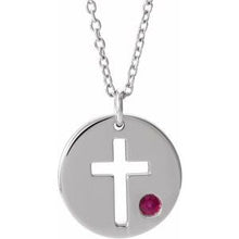 Load image into Gallery viewer, Sterling Silver Imitation Ruby Pierced Cross Disc 16-18&quot; Necklace
