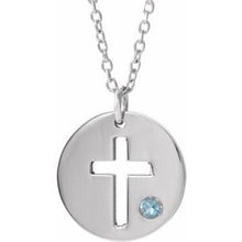 Load image into Gallery viewer, Sterling Silver Imitation Aquamarine Pierced Cross Disc 16-18&quot; Necklace
