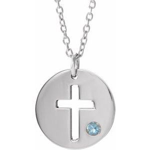 Sterling Silver Imitation Aquamarine Pierced Cross Disc 16-18" Necklace