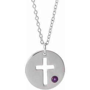 Sterling Silver Imitation Amethyst Pierced Cross Disc 16-18