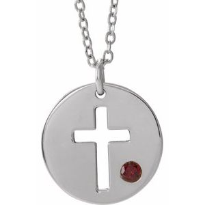 Sterling Silver Imitation Garnet Pierced Cross Disc 16-18