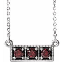 Load image into Gallery viewer, Sterling Silver Mozambique Garnet Three-Stone Granulated Bar 16-18&quot; Necklace
