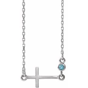 Sterling Silver Aquamarine Sideways Accented Cross 16-18