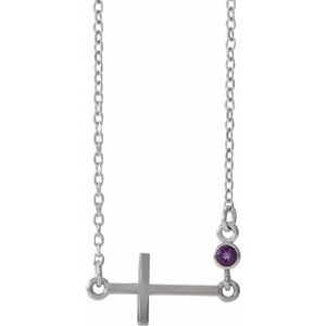 Sterling Silver Amethyst Sideways Accented Cross 16-18" Necklace