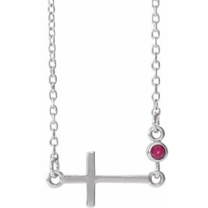Sterling Silver Ruby Sideways Accented Cross 16-18" Necklace