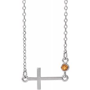 Sterling Silver Citrine Sideways Accented Cross 16-18" Necklace