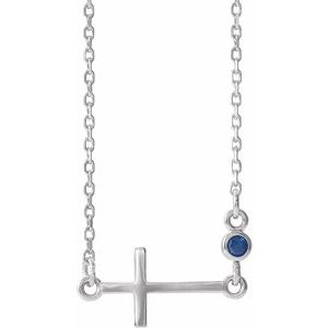 Sterling Silver Blue Sapphire Sideways Accented Cross 16-18" Necklace