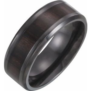 Black Titanium 8 mm Beveled-Edge Band with Wood Inlay Size 10