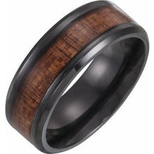 Load image into Gallery viewer, Black Titanium 8 mm Beveled-Edge Band with Wood Inlay Size 9.5

