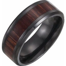 Load image into Gallery viewer, Black Titanium 8 mm Beveled-Edge Band with Wood Inlay Size 10
