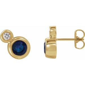 14K Yellow Blue Sapphire & 1/8 CTW Diamond Earrings