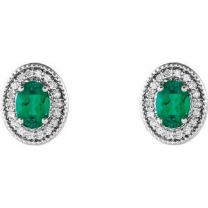 14K White Emerald & 1/5 CTW Diamond Halo-Style Earrings