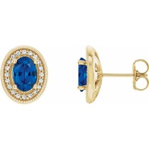 Boucles d'oreilles halo style saphir bleu jaune 14 carats et diamant 1/5 ct