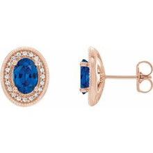 Load image into Gallery viewer, 14K Rose Blue Sapphire &amp; 1/5 CTW Diamond Halo-Style Earrings
