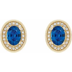 14K Yellow Blue Sapphire & 1/5 CTW Diamond Halo-Style Earrings