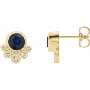 14K Yellow Blue Sapphire & 1/8 CTW Diamond Earrings