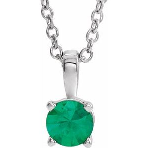 Sterling Silver 4 mm Round Imitation Emerald Birthstone 16-18" Necklace