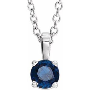 14K White 6 mm Round Blue Sapphire Birthstone 16-18" Necklace