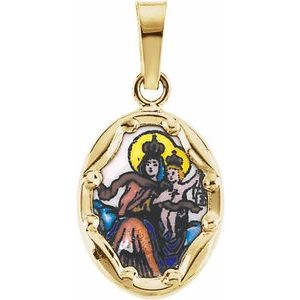 14K Yellow 13x10 mm Oval Hand Painted Porcelain Scapular Medal