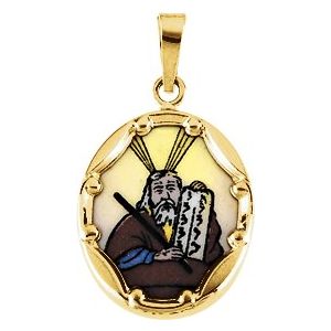 14K Yellow 17x13.5 mm Moses Hand-Painted Porcelain Medal
