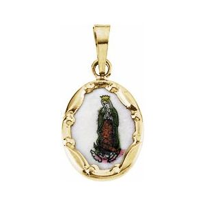 14K Yellow 13x10 mm Our Lady of Guadalupe Hand-Painted Porcelain Medal