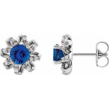 Load image into Gallery viewer, Platinum Blue Sapphire &amp; 1/8 CTW Diamond Halo-Style Earrings

