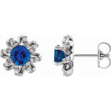 Load image into Gallery viewer, Sterling Silver Blue Sapphire &amp; 1/8 CTW Diamond Halo-Style Earrings
