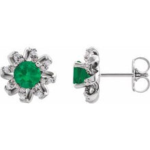 Load image into Gallery viewer, Platinum Emerald &amp; 1/8 CTW Diamond Halo-Style Earrings
