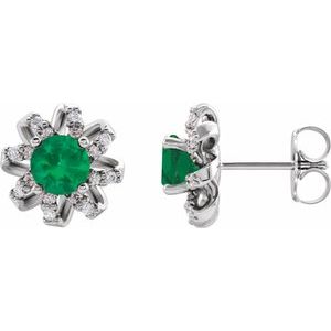 14K White Emerald & 1/8 CTW Diamond Halo-Style Earrings
