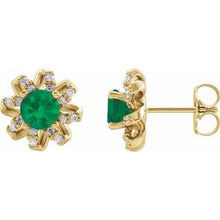 Load image into Gallery viewer, 14K Yellow Emerald &amp; 1/8 CTW Diamond Halo-Style Earrings
