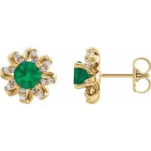 14K Yellow Emerald & 1/8 CTW Diamond Halo-Style Earrings
