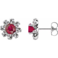 Load image into Gallery viewer, Platinum Ruby &amp; 1/8 CTW Diamond Halo-Style Earrings
