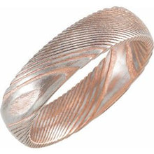 Load image into Gallery viewer, 18K Rose Gold PVD Damascus Steel 6 mm Patterned Half Round Band Size 6.5
