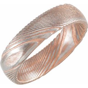 18K Rose Gold PVD Damascus Steel 6 mm Patterned Half Round Band Size 6.5