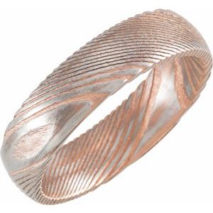 18K Rose Gold PVD Damascus Steel 6 mm Patterned Half Round Band Size 9