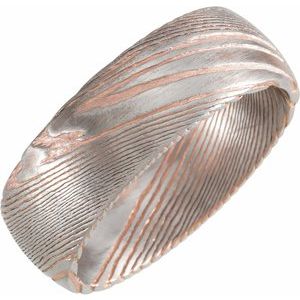 18K Rose Gold PVD Damascus Steel 8 mm Patterned Half Round Band Size 7