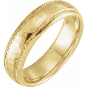Bande demi-ronde jaune 18K 6 mm avec finition marteau et grain de grain 13