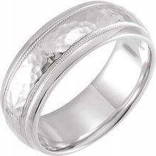 Load image into Gallery viewer, 18K White 8 mm Half Round Band with Hammer Finish &amp; Milgrain Size 13

