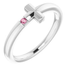 Load image into Gallery viewer, Sterling Silver 1.5 mm Round Imitation Pink Tourmaline Youth Cross Ring

