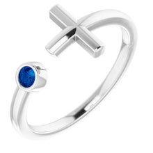 Charger l'image dans la galerie, Sterling Silver Chatham¬Æ Created Blue Sapphire Negative Space Cross Ring
