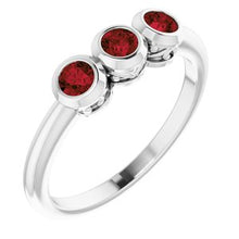 Load image into Gallery viewer, Sterling Silver Mozambique Garnet Three-Stone Bezel-Set Ring
