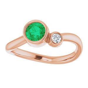 Bague à deux pierres en émeraude rose 14 carats et diamant 0,06 ct