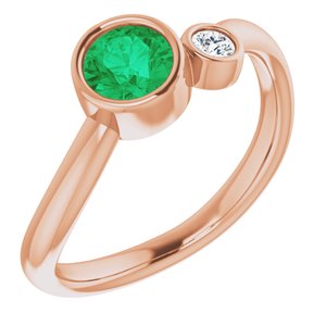 Bague à deux pierres en émeraude rose 14 carats et diamant 0,06 ct