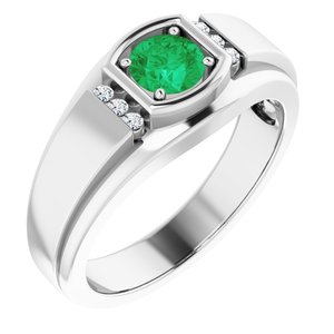 14K White Emerald & .08 CTW Diamond Men's Ring