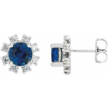 Load image into Gallery viewer, Platinum Chatham¬Æ Created Blue Sapphire &amp; 1/2 CTW Diamond Earrings
